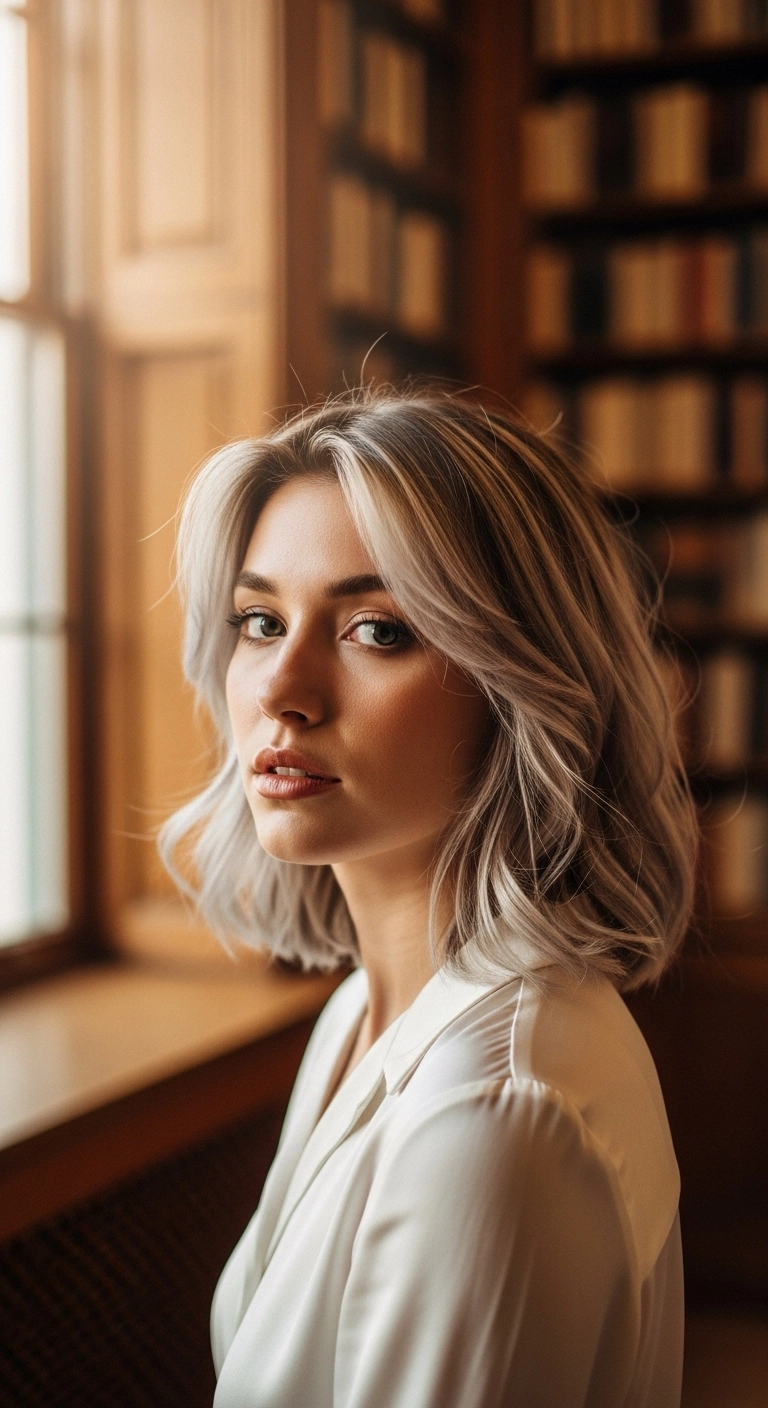Icy Ash Blonde Textured Lob with Money Piece