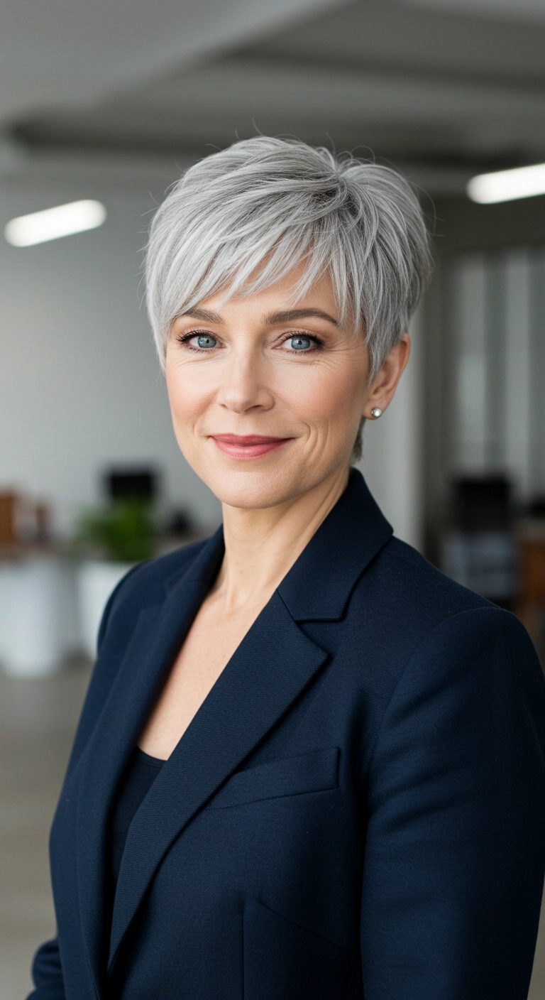 Chic Feathered Silver Pixie with Side-Swept Bangs