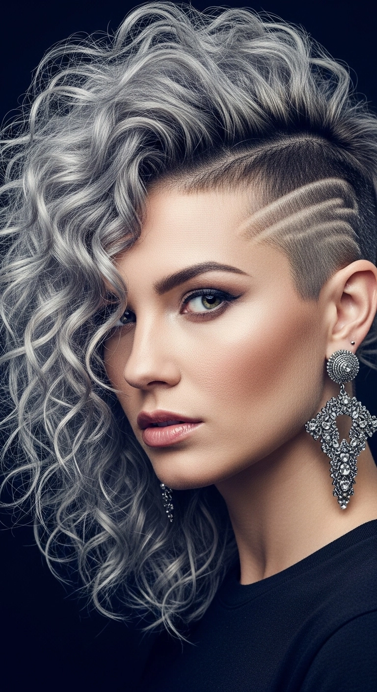 Icy Silver Curly Lob with Geometric Undercut