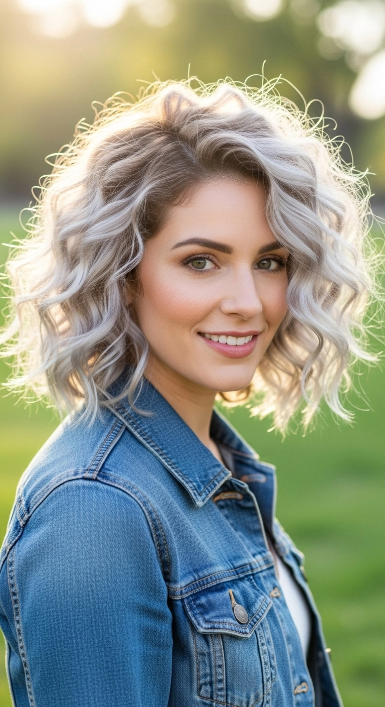 Icy Silver Textured Lob with Shadow Root