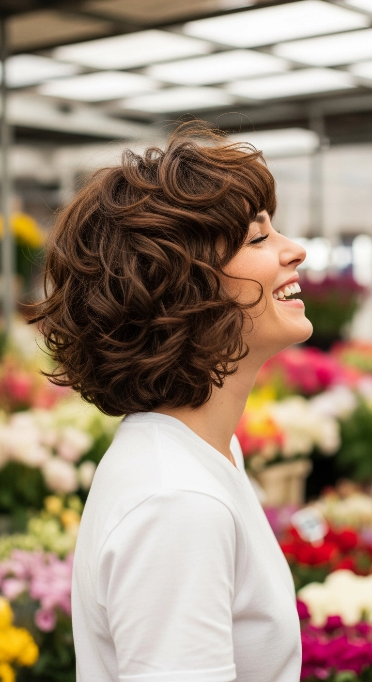 Tousled Chocolate Curly Bob with Full Fringe
