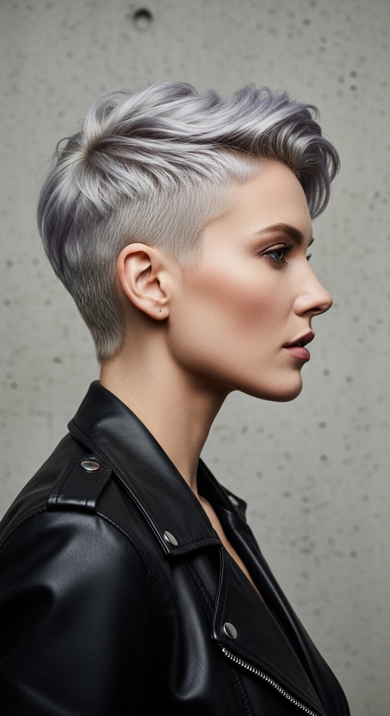 Metallic Silver Undercut Pixie with Swept Volume