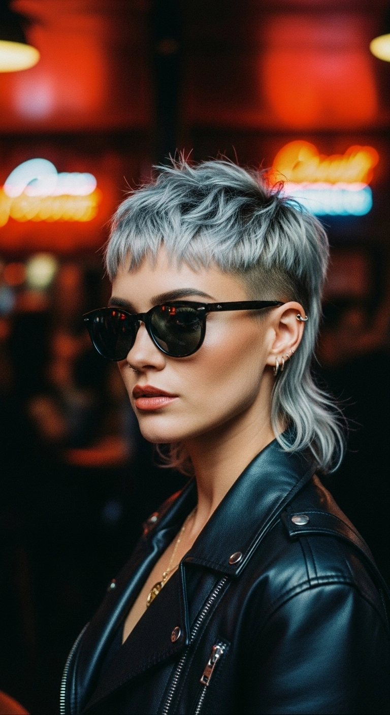 Icy Silver Textured Modern Mullet with Tapered Fade