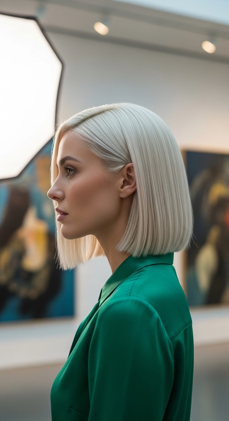 Icy Platinum Blunt Bob with Tucked Ear
