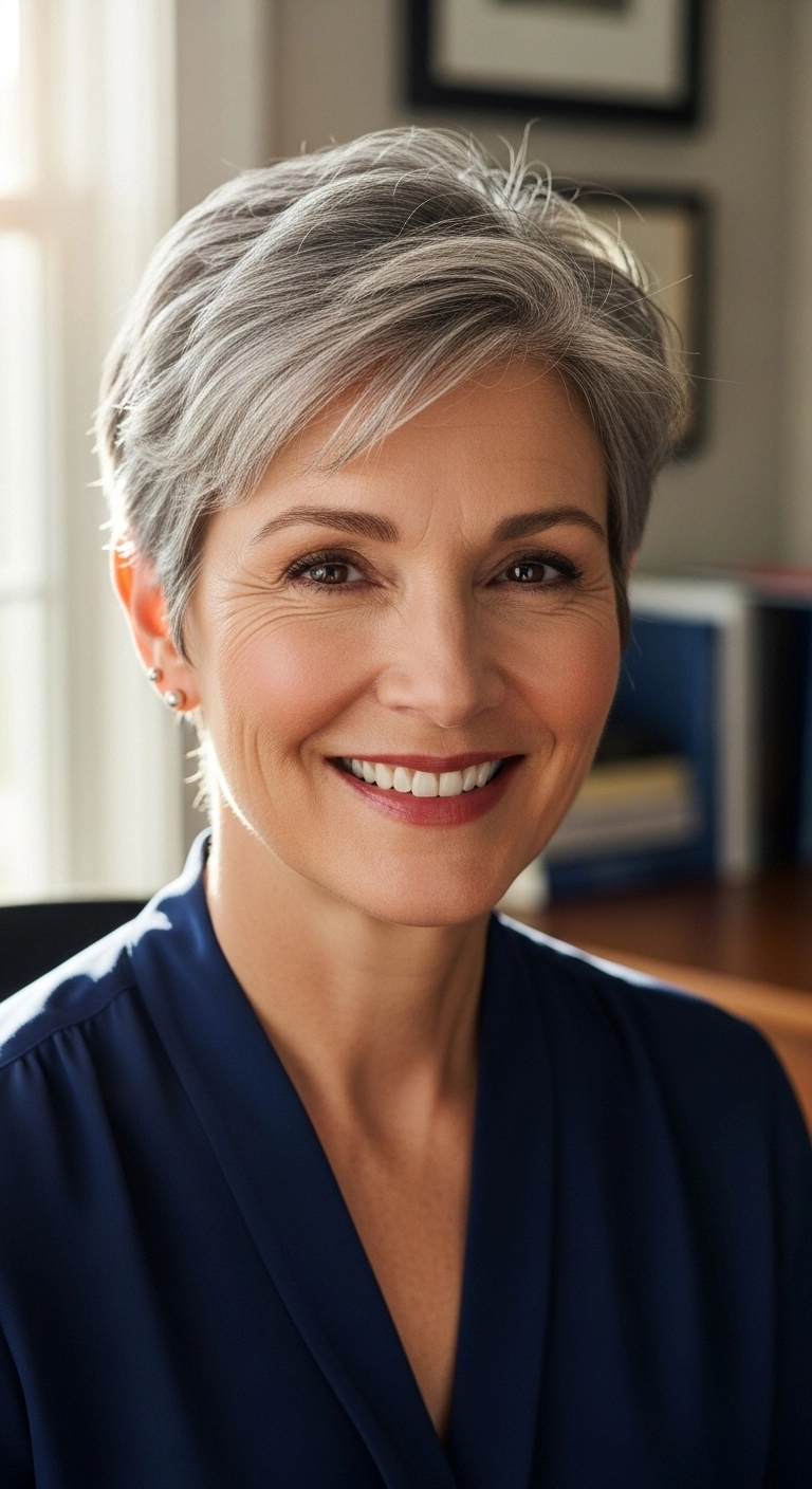 Feathered Silver Pixie with Soft Side-Swept Bangs