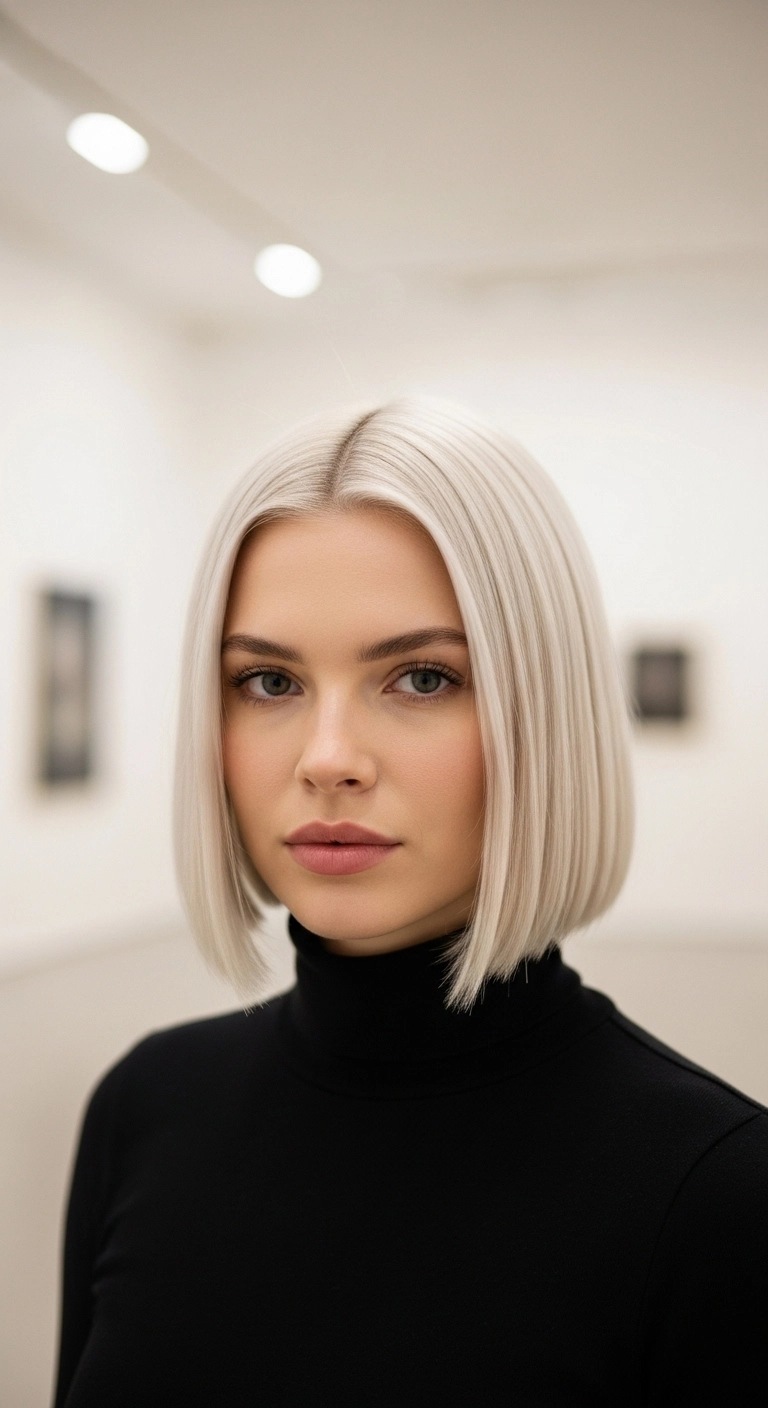 Icy Platinum Sleek Blunt Bob with Center Part