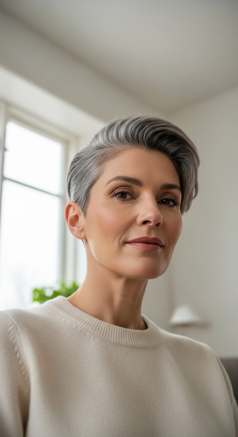 Voluminous Side-Swept Silver Pixie Cut