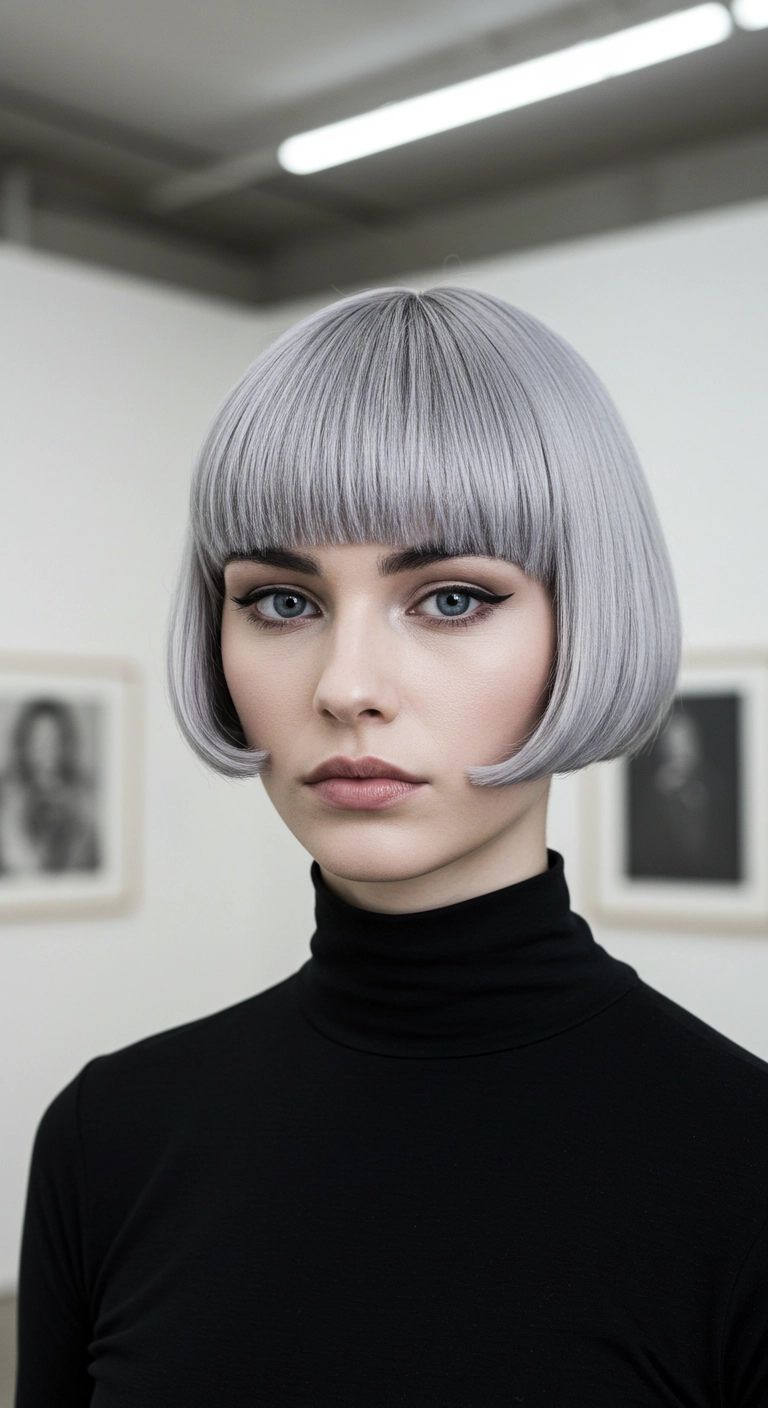 Futuristic Icy Silver Precision Bob with Blunt Bangs