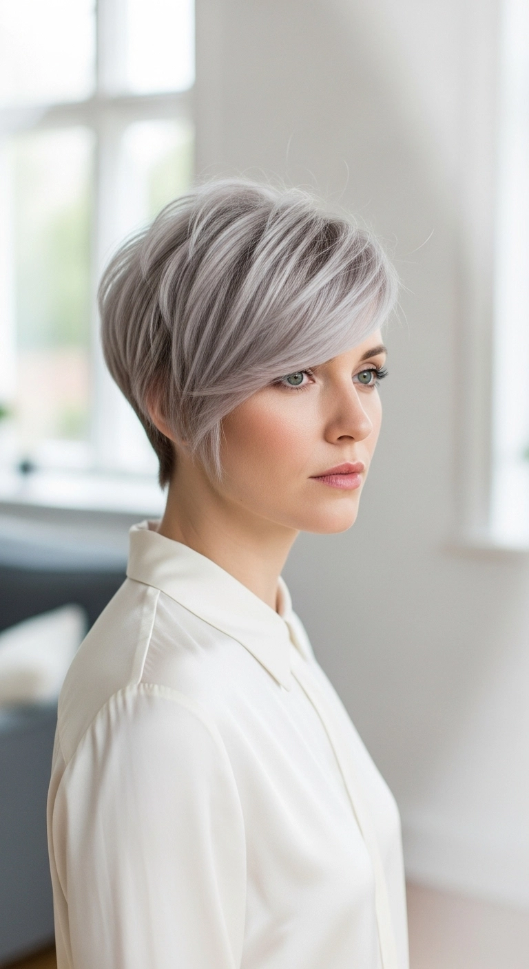 Icy Silver Asymmetrical Pixie Cut