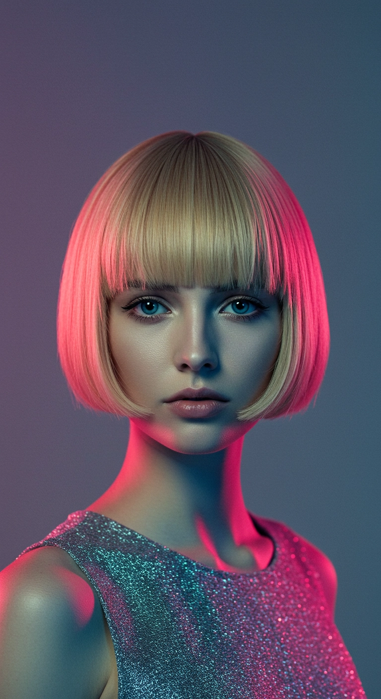 Futuristic Platinum Blunt French Bob with Straight Bangs