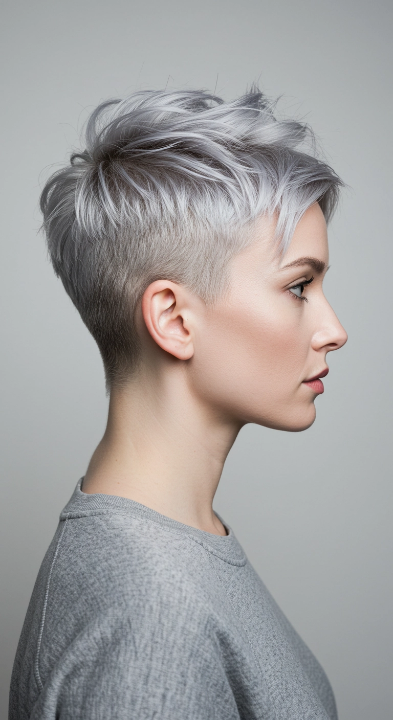 Icy Silver Textured Pixie Cut with Tapered Undercut
