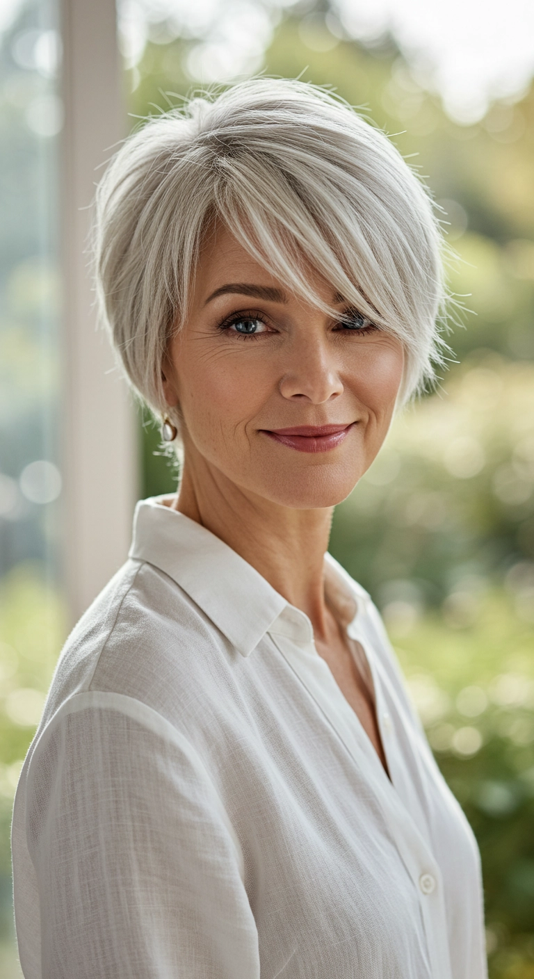 Chic Feathered Silver Pixie Bob with Side-Swept Bangs