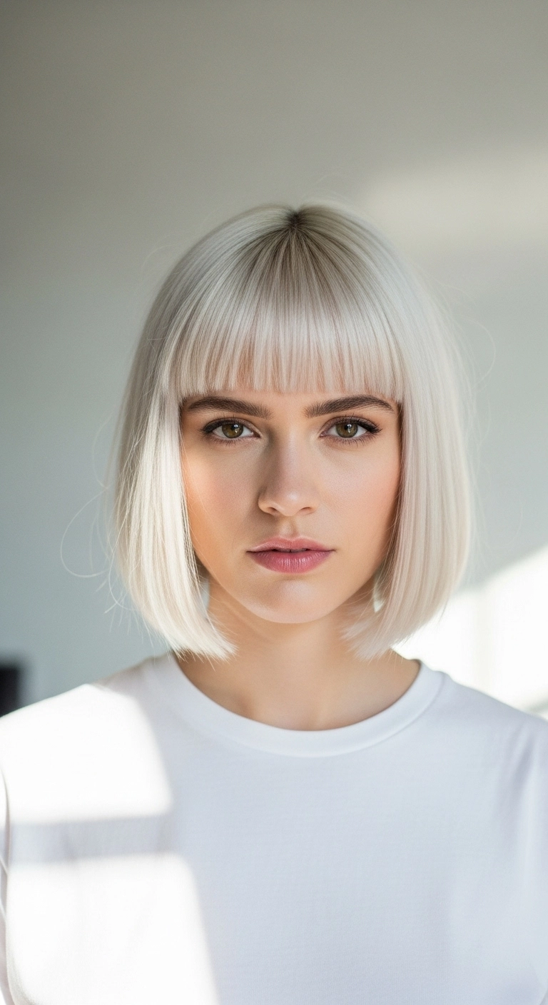 Icy Platinum Chin-Length Bob with Wispy Bangs