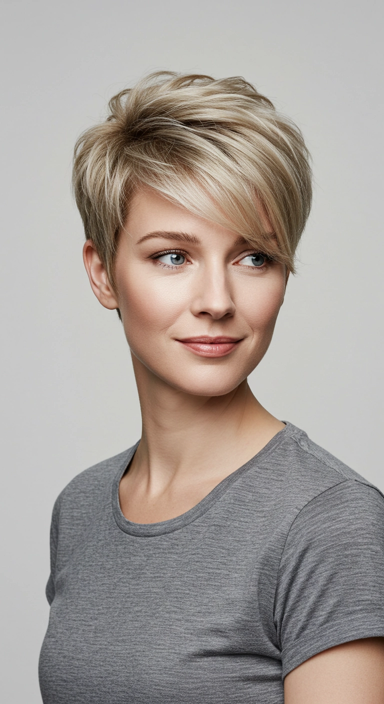 Textured Ash Blonde Pixie Cut with Side-Swept Bangs