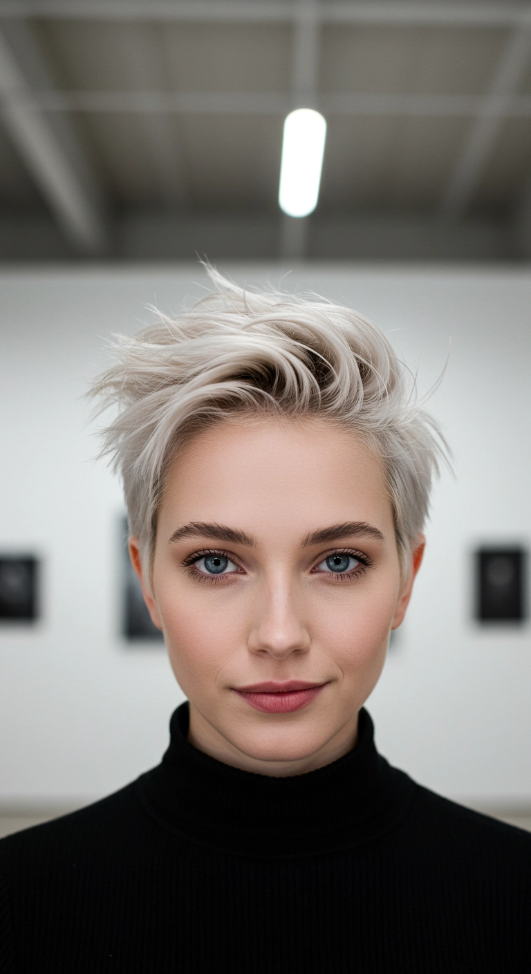 Icy Platinum Tousled Pixie Cut with Voluminous Sweep