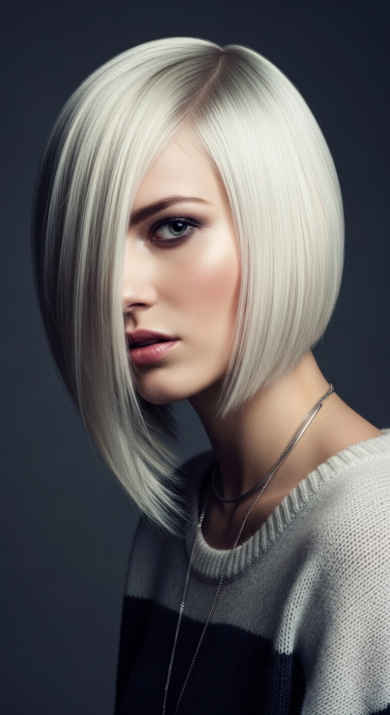 Ultra-Sleek Icy Platinum Asymmetrical Bob