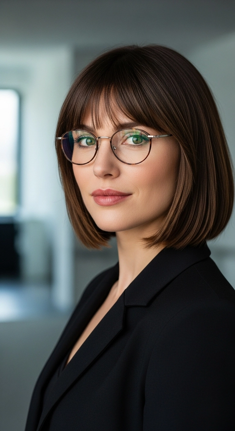 Classic Sleek Chocolate Bob with Wispy Bangs