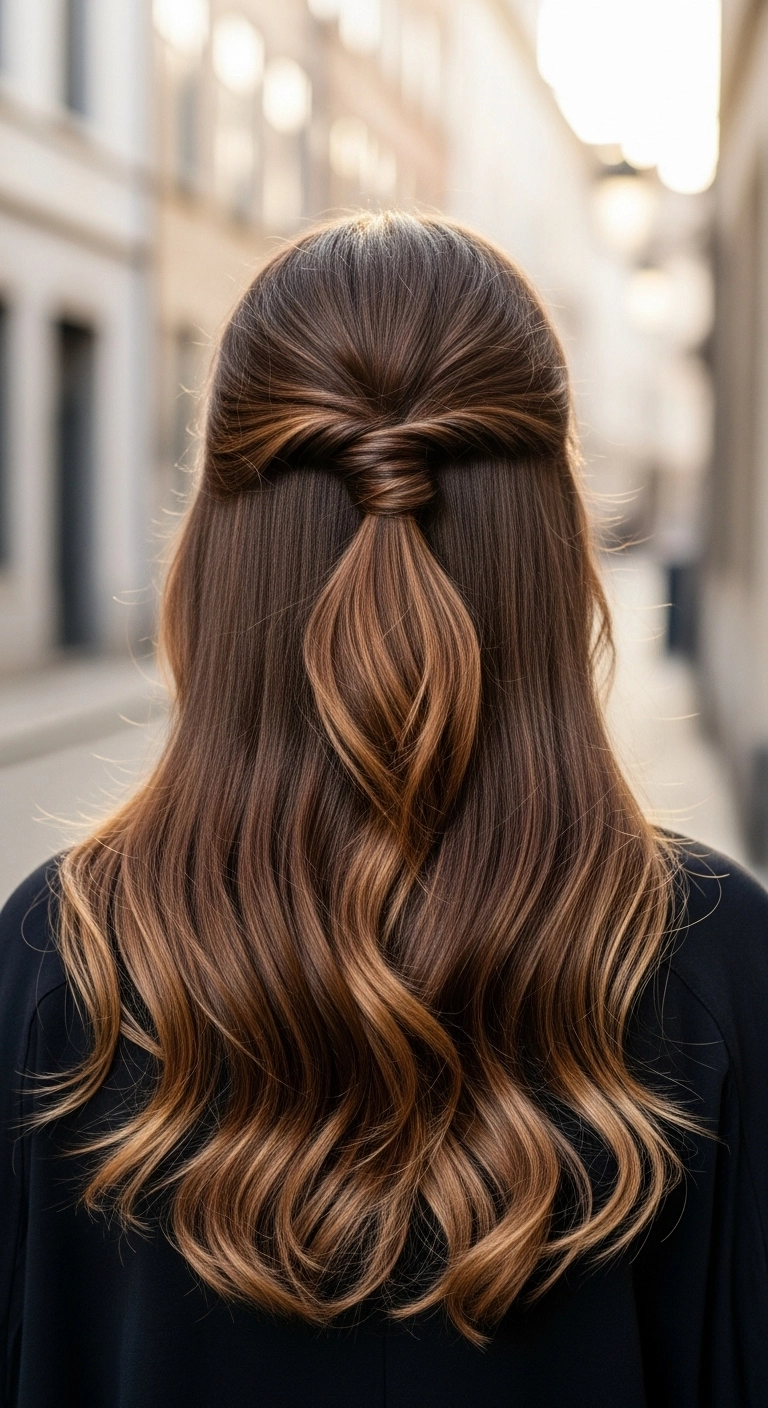 Twisted Half-Up Caramel Balayage Soft Waves