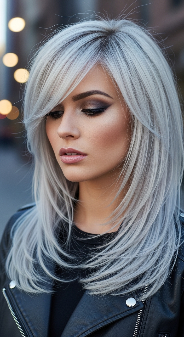 Icy Silver Feathered Blowout with Sweeping Bangs