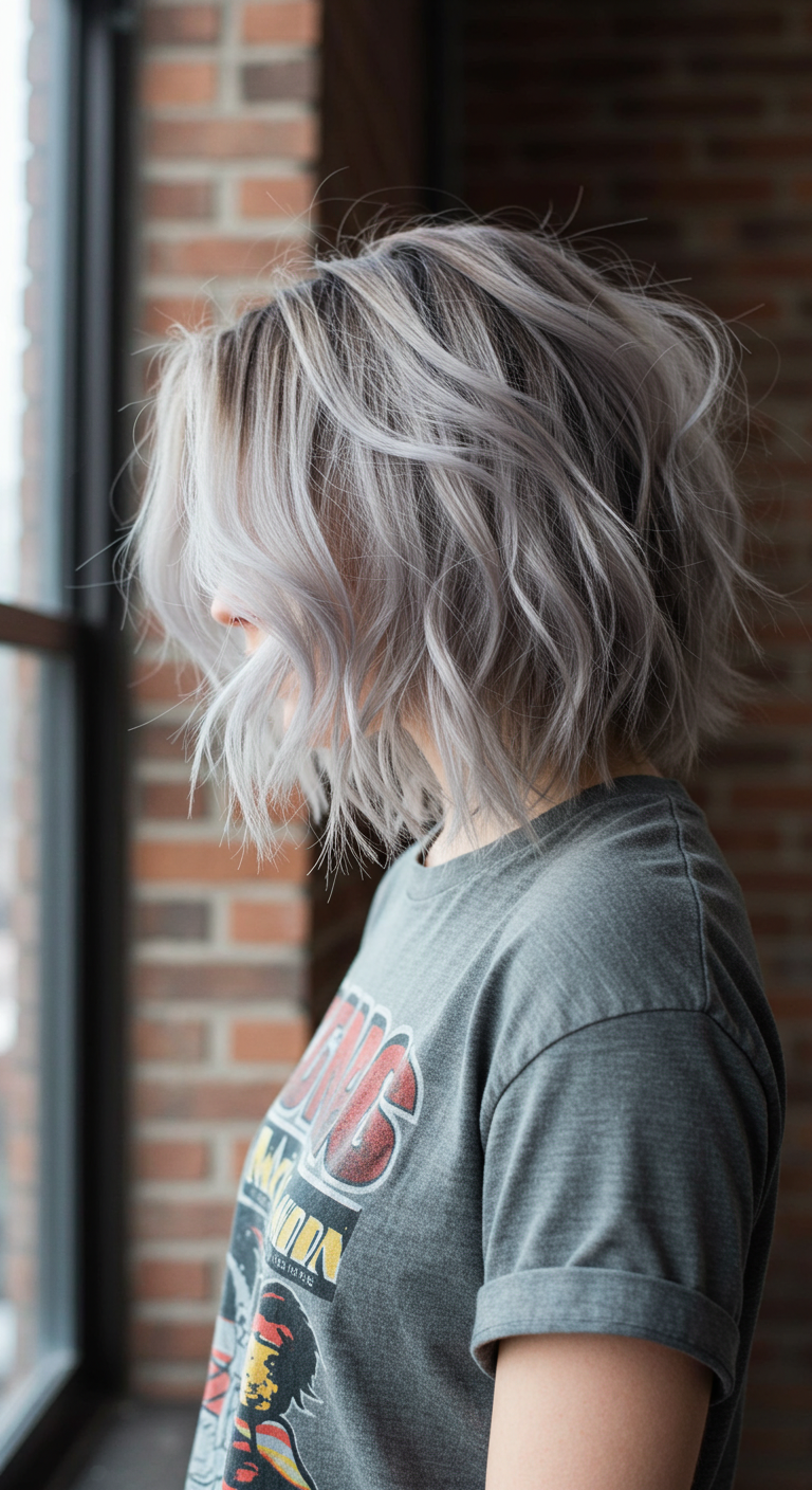 Smoky Silver Wavy Textured Lob with Shadow Root