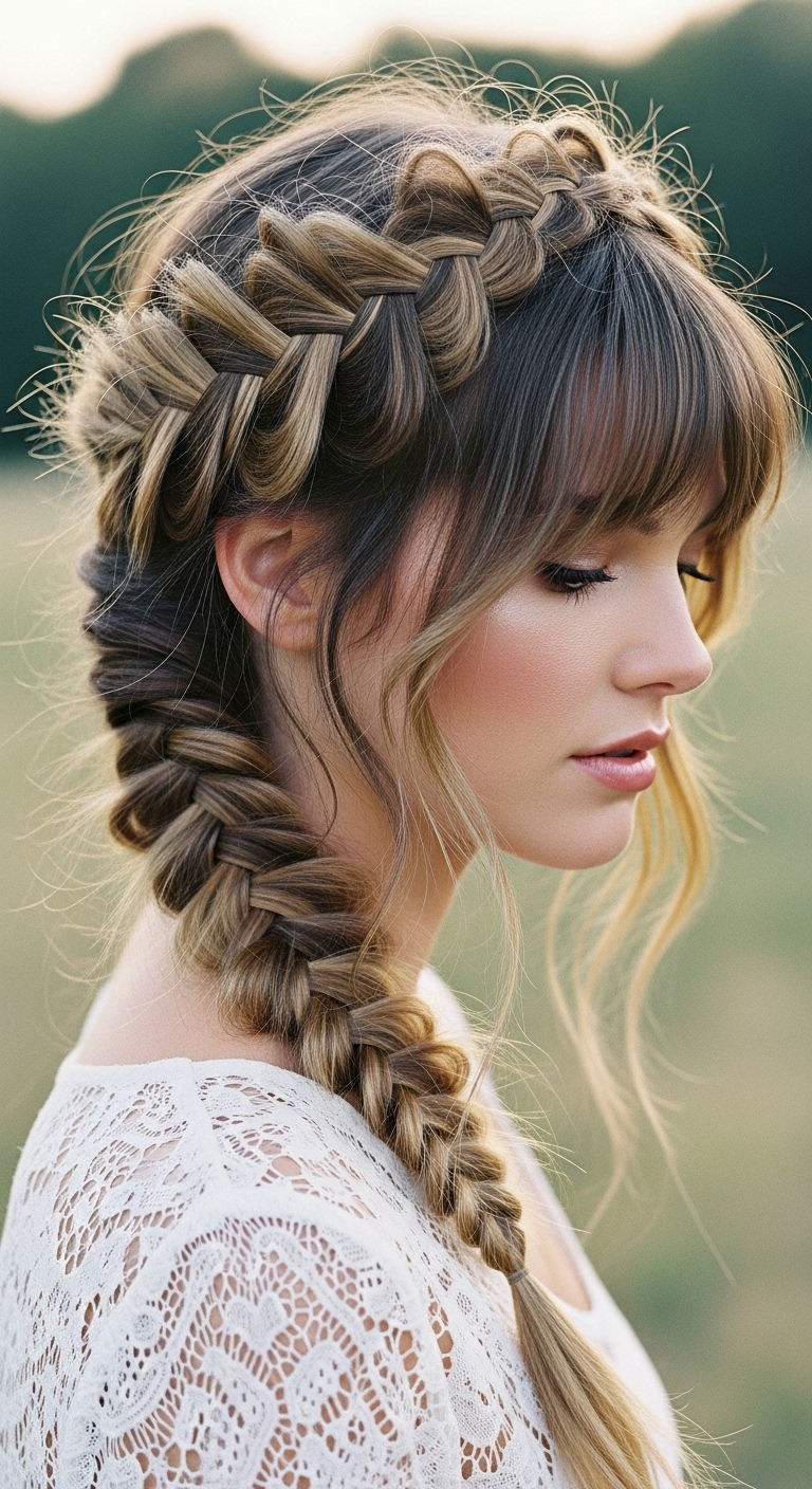 Boho Crown Fishtail Braid with Soft Bangs