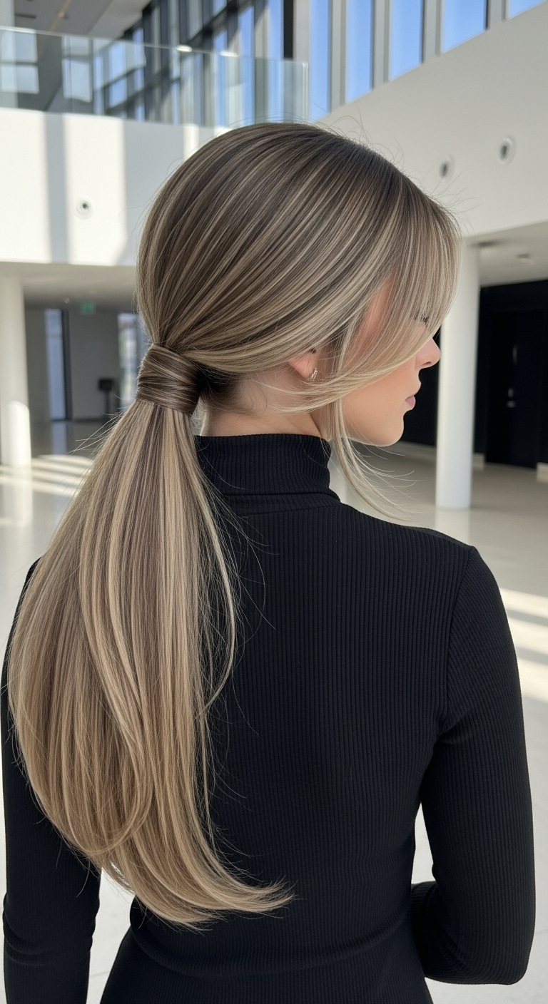 Sleek Wrapped Low Ponytail with Ash Blonde Babylights