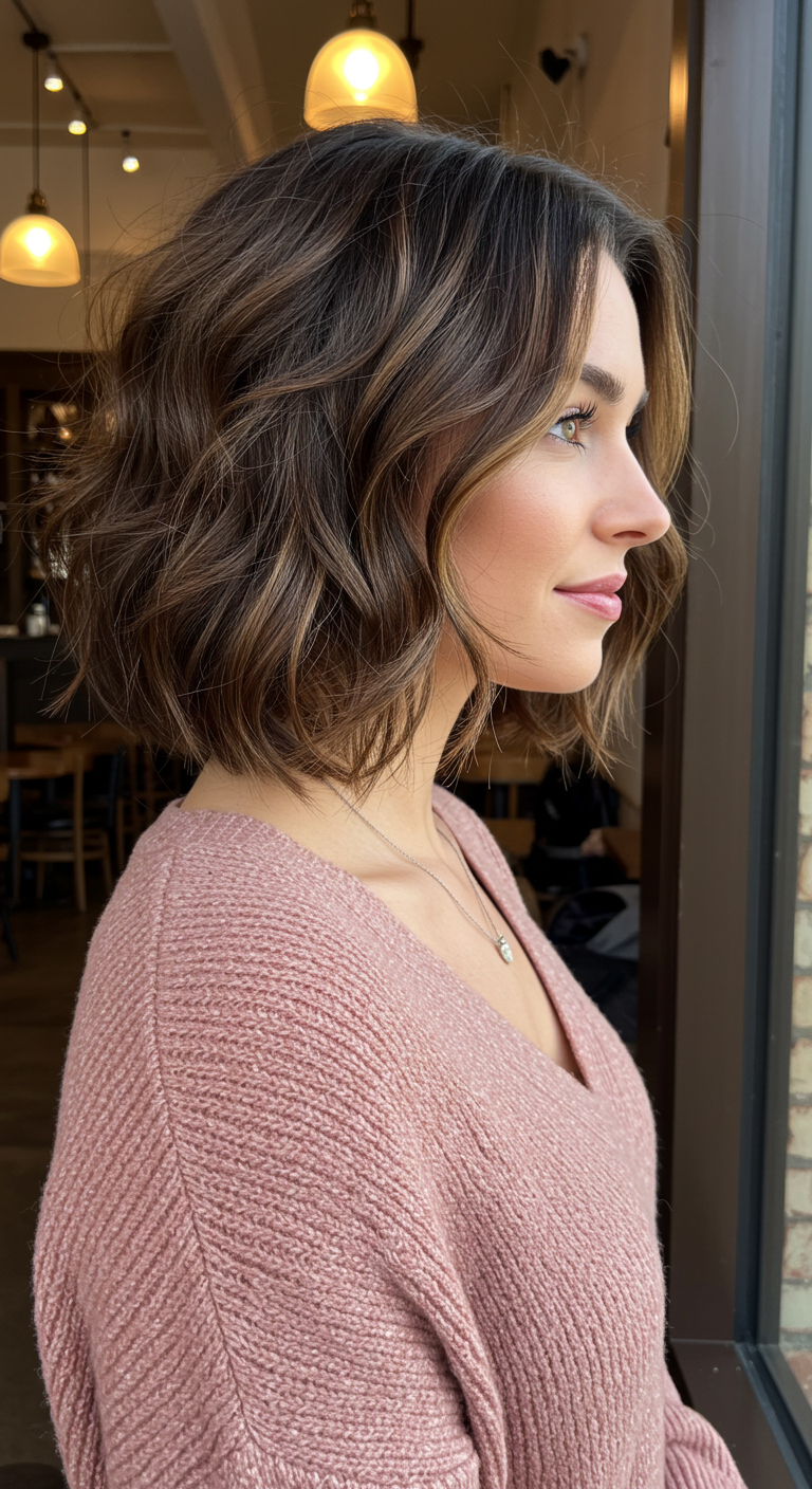 Sun-Kissed Brunette Textured Bob with Subtle Caramel Balayage