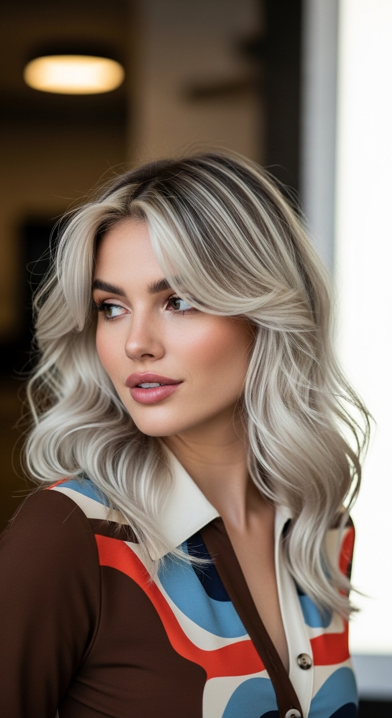 Icy Platinum Lob with 70s Curtain Bangs