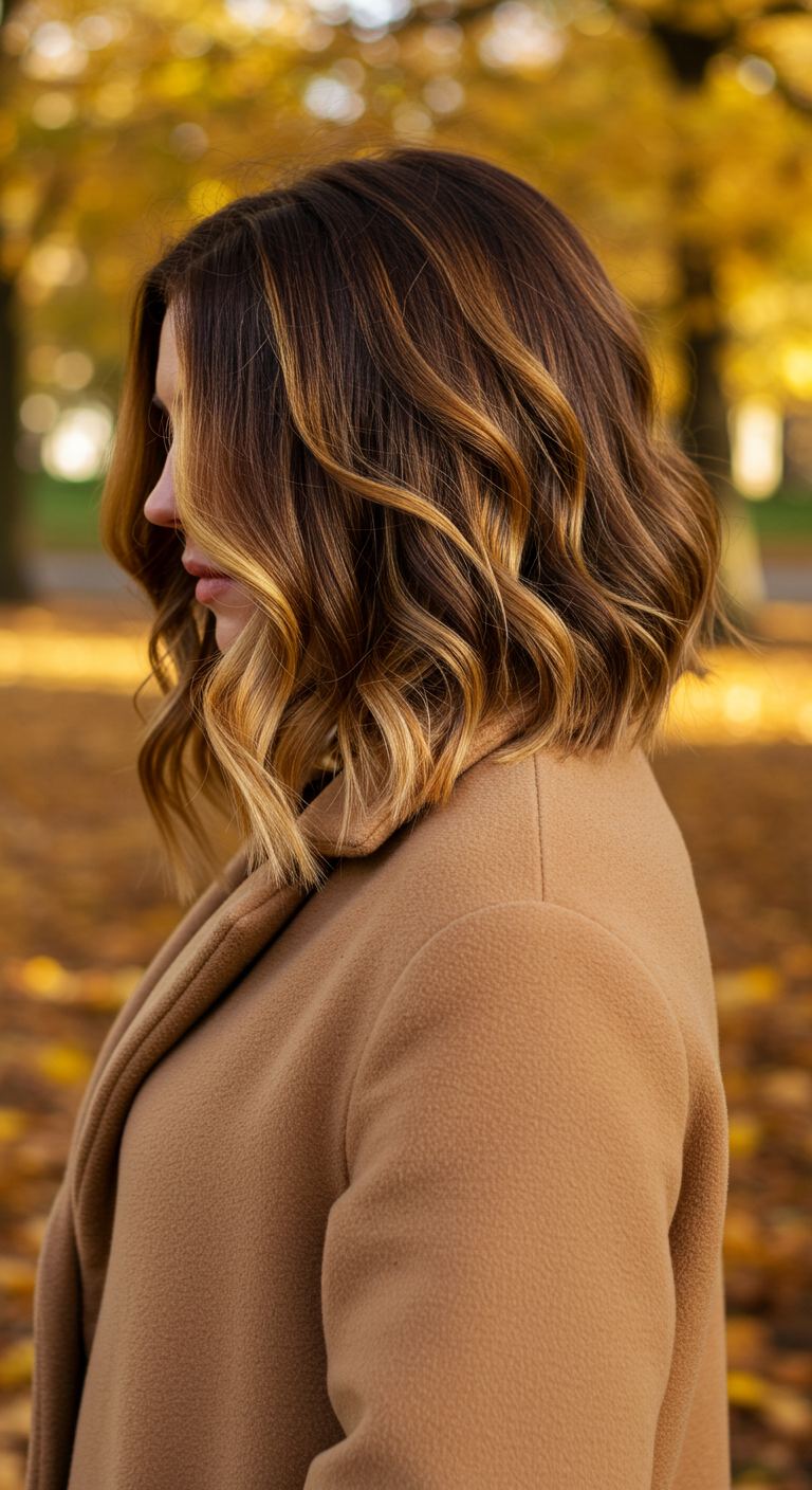 Warm Caramel Balayage Textured Wavy Lob