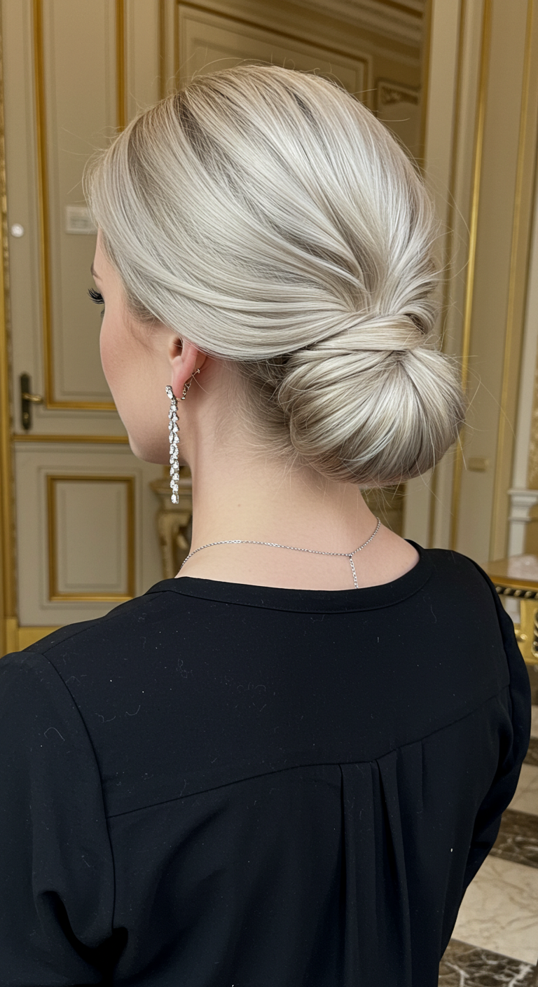 Sculpted Platinum Blonde Low Chignon Updo