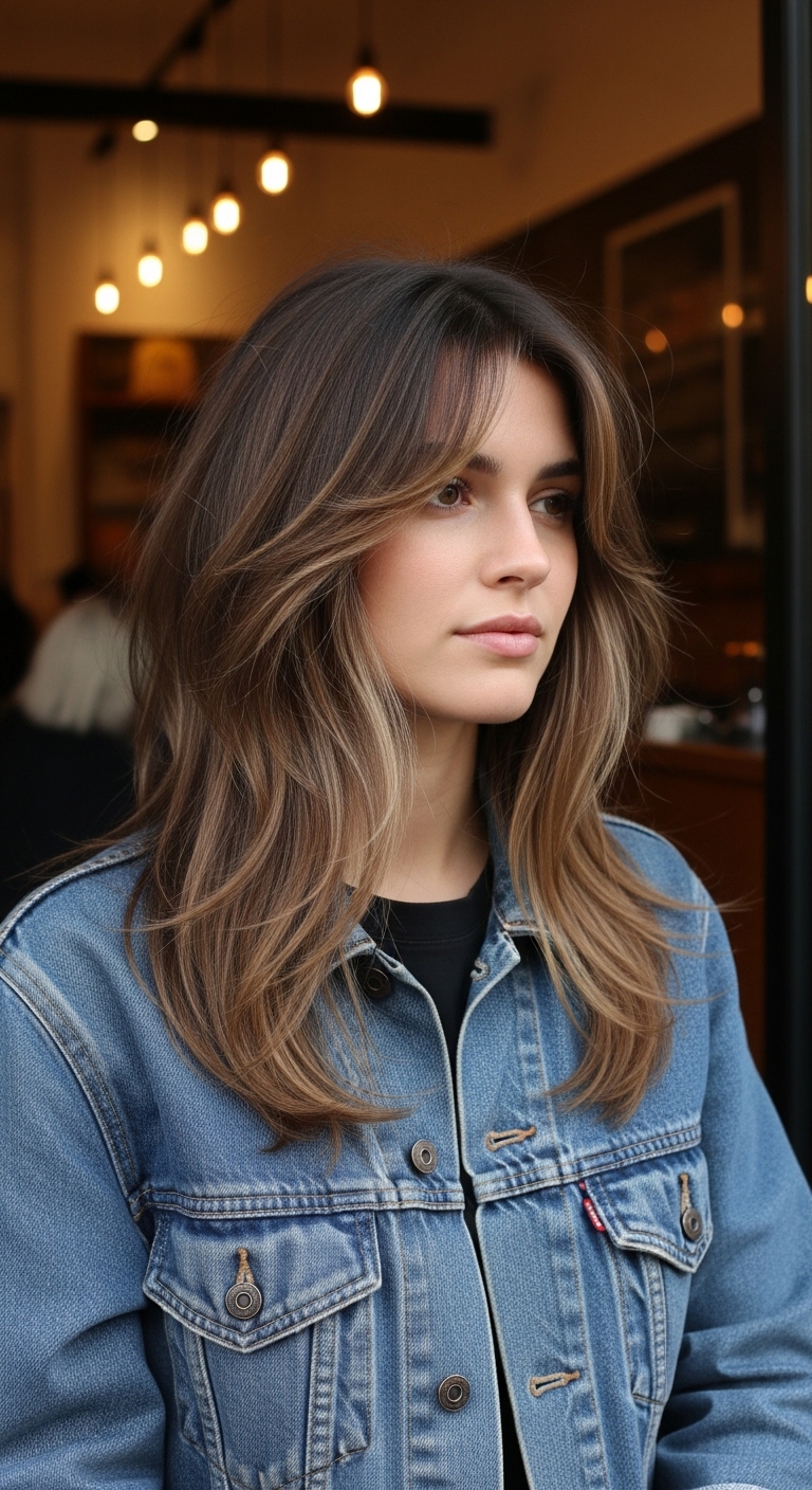 Ash Brown Butterfly Cut with Feathered Curtain Bangs