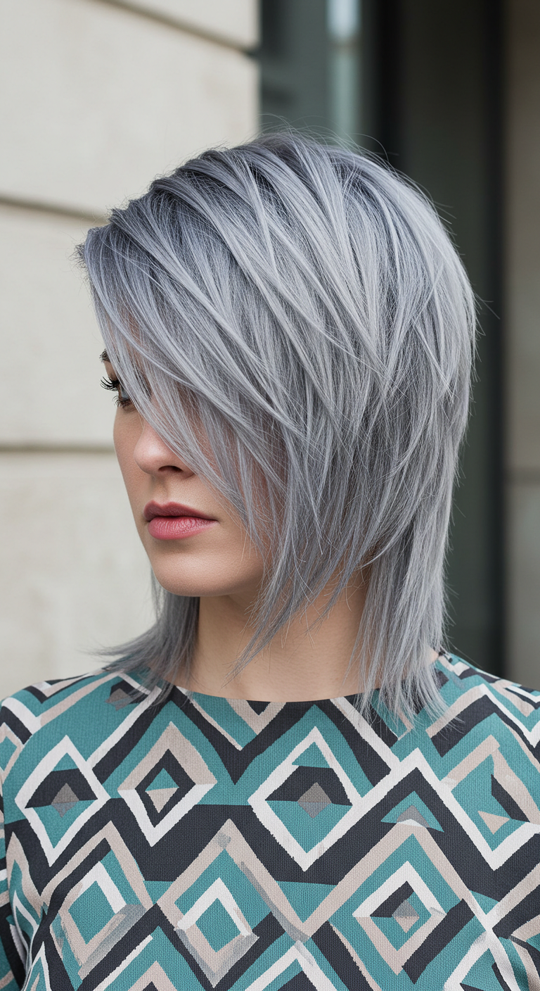 Icy Silver Razor Shag Lob with Dramatic Side Bangs