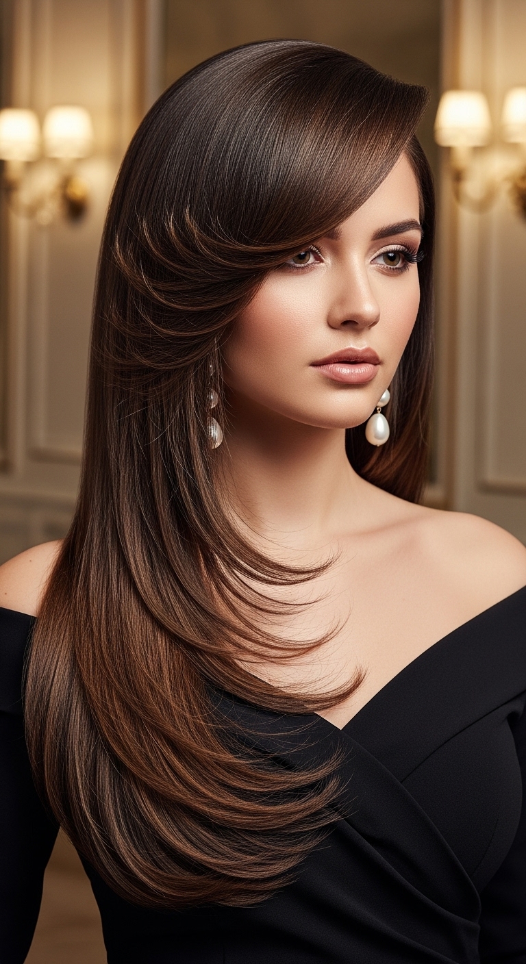 Sculpted Feathered Blowout with Deep Side-Swept Bangs
