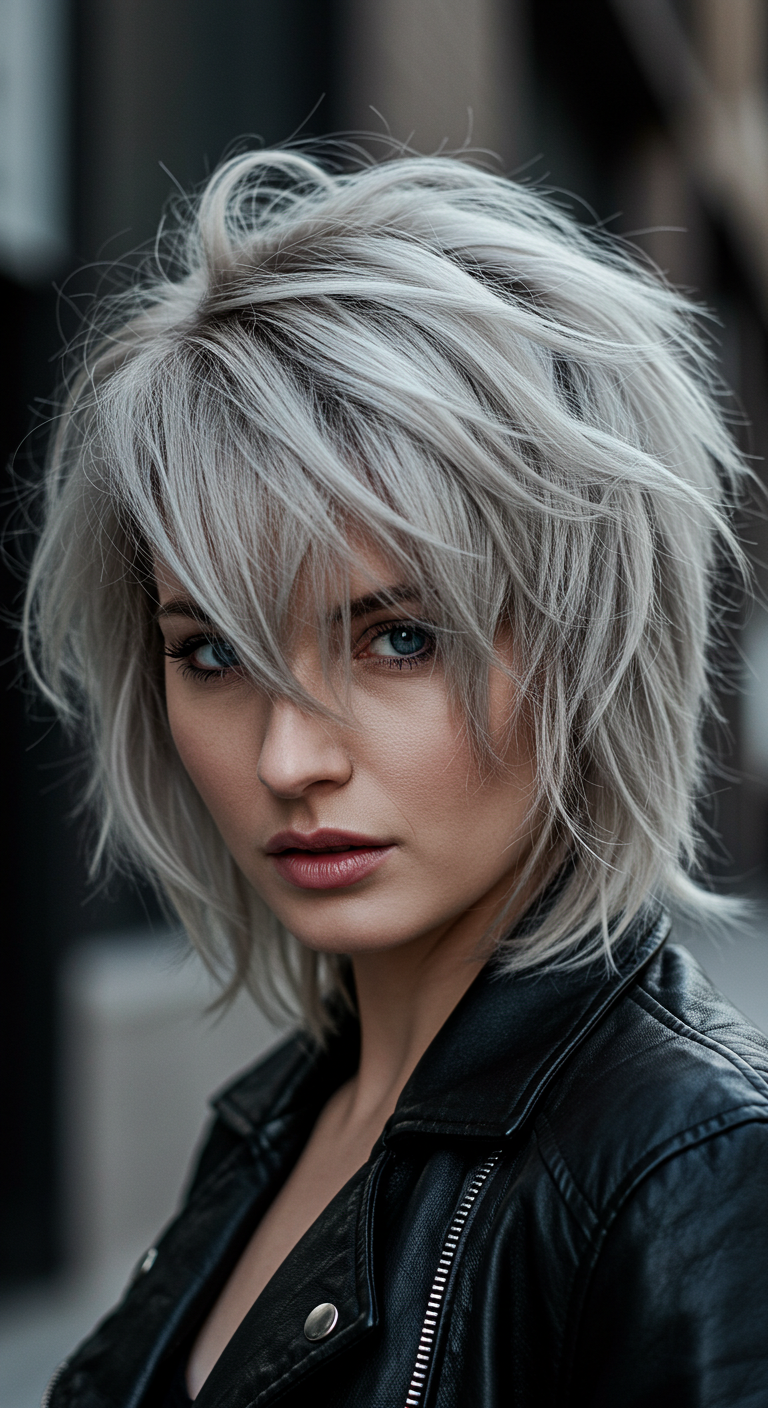 Icy Silver Choppy Shag Bob with Wispy Bangs