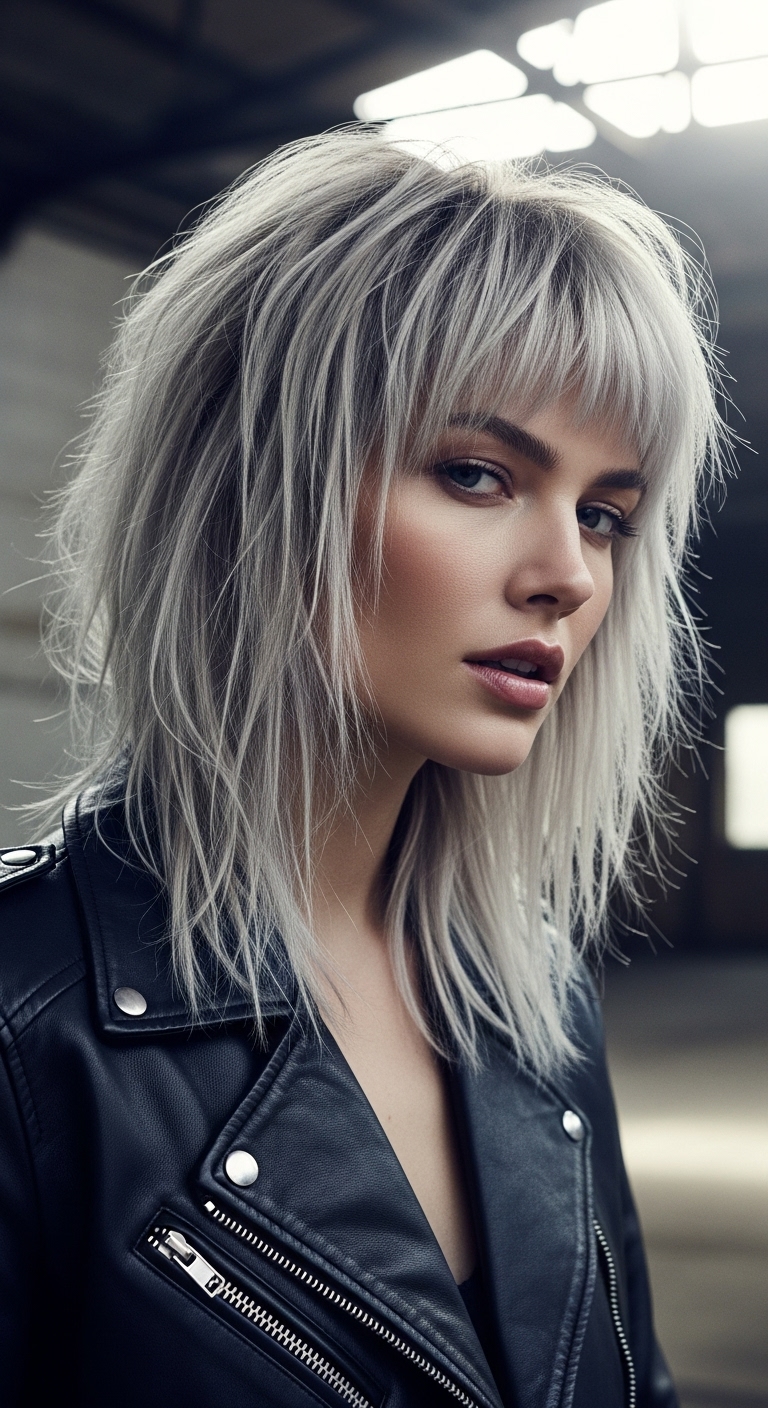 Icy Silver Choppy Shag Lob with Textured Fringe