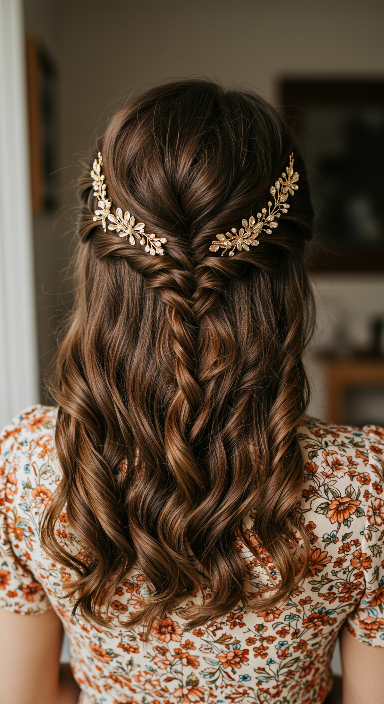 Romantic Half-Up Fishtail Braid with Gold Floral Accents
