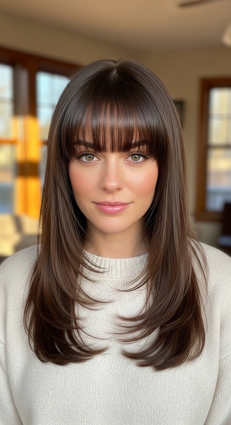Glossy Chocolate Brown Long Feathered Cut with Brow-Skimming Bangs