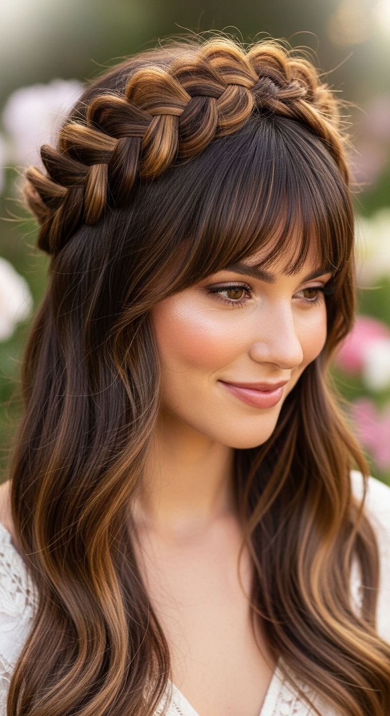 Boho Dutch Braided Crown with Wispy Bangs and Warm Highlights