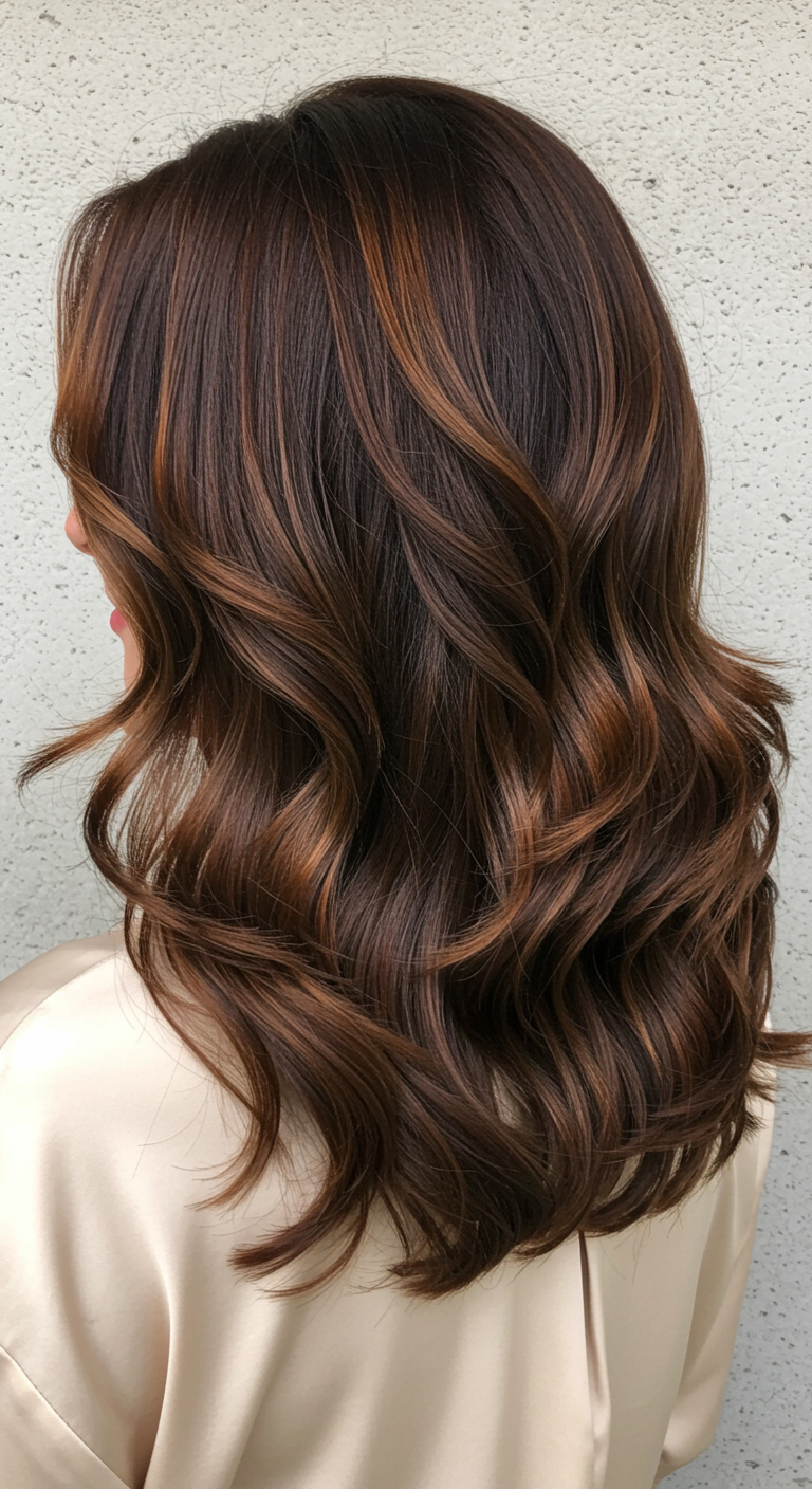 Glossy Chocolate Brown Blowout Waves with Warm Caramel Ribbons