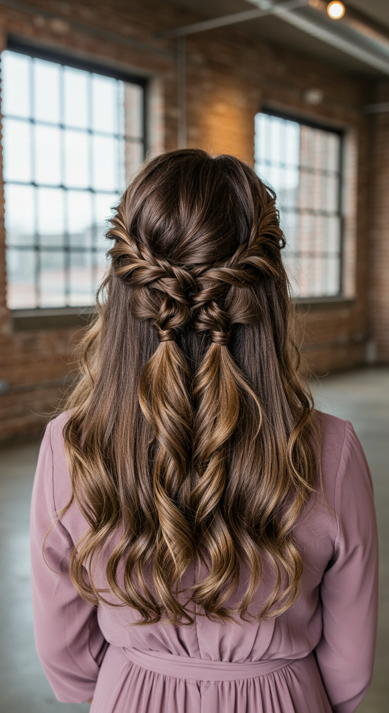 Romantic Half-Up Braided Crown with Soft Waves
