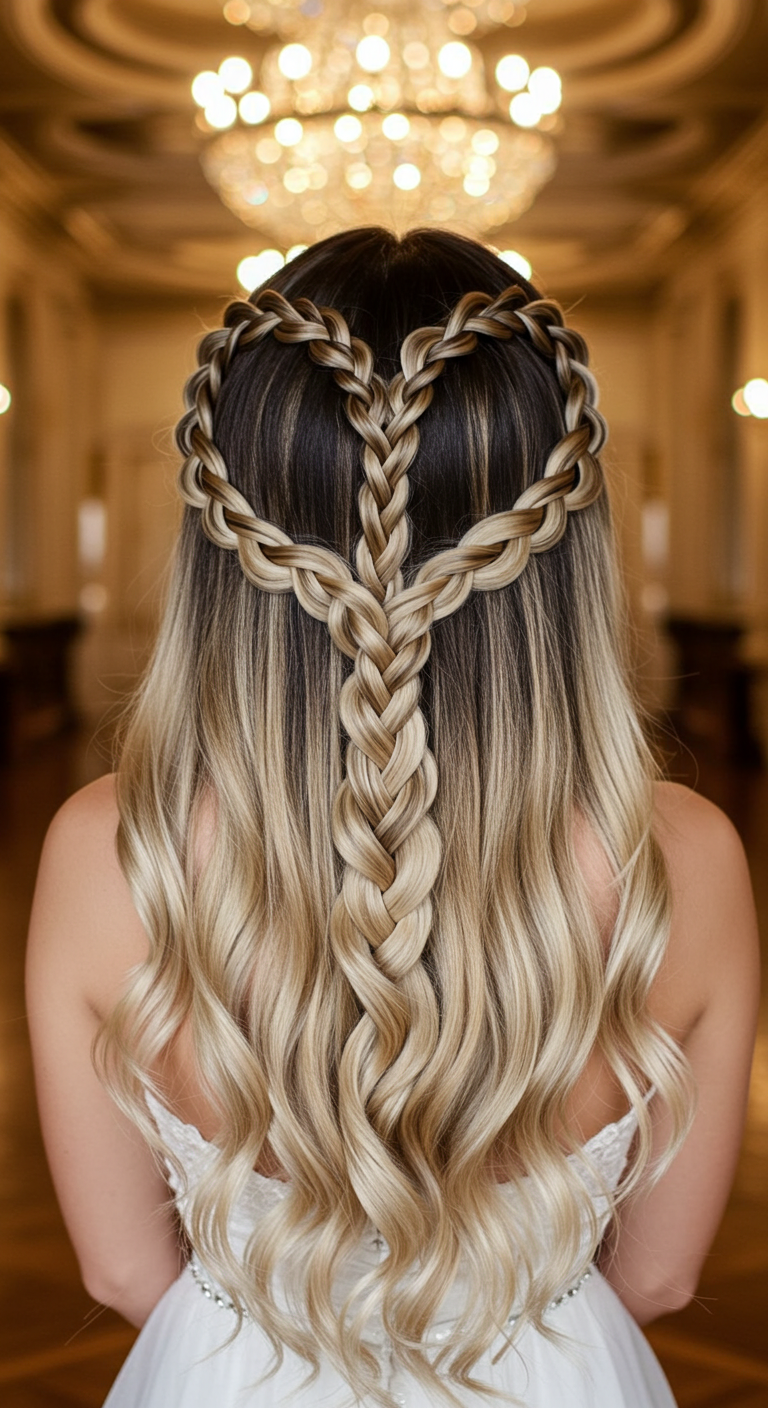 Romantic Heart-Shaped Braid Half-Up Style for Long Wavy Hair