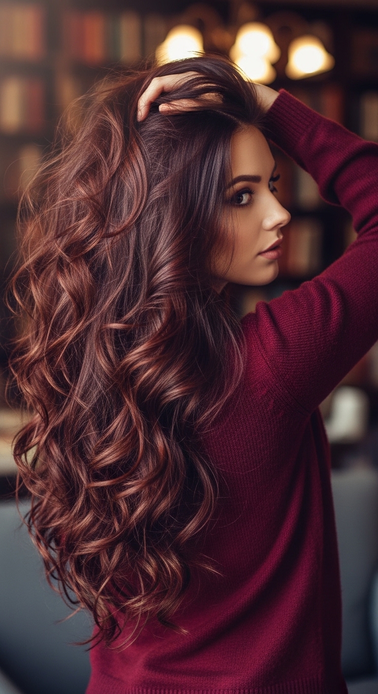 Voluminous Auburn Balayage Waves with Cascading Layers