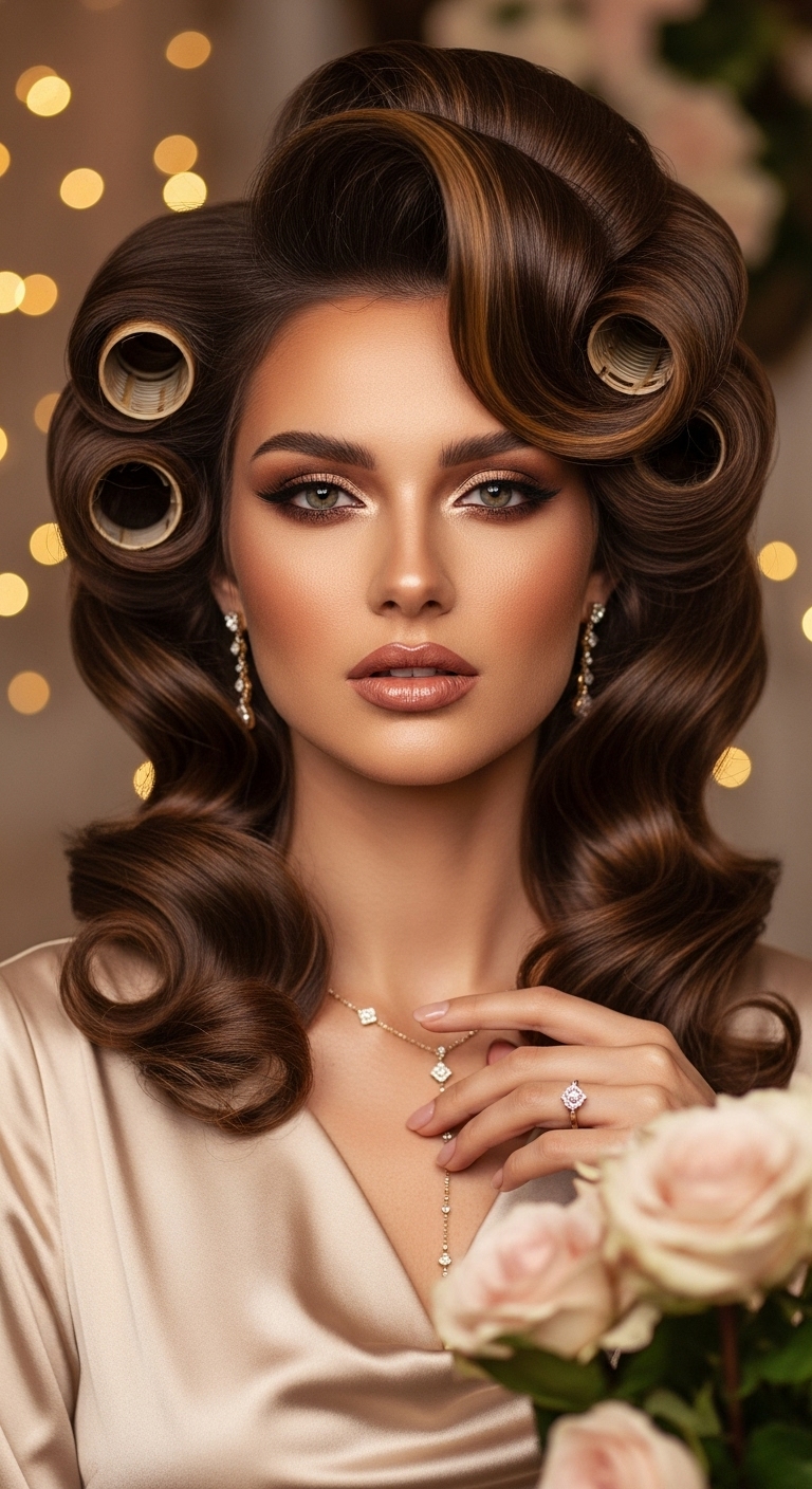 Old Hollywood Sculpted Roller Blowout with Caramel Ribbons