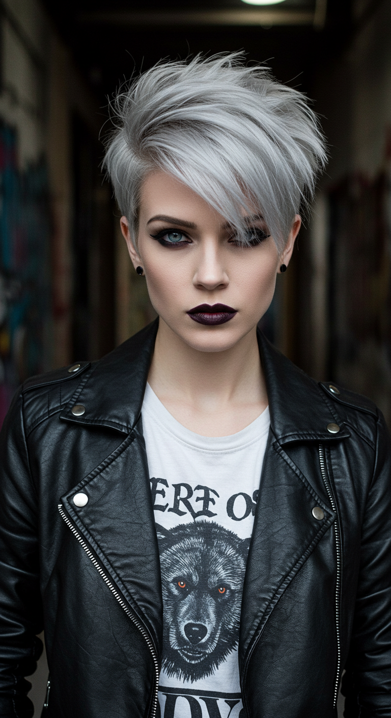 Icy Silver Asymmetrical Pixie Cut with Choppy Fringe