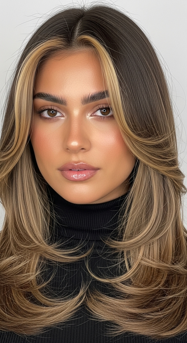 Ash Brunette 90s Blowout with Blonde Money Piece