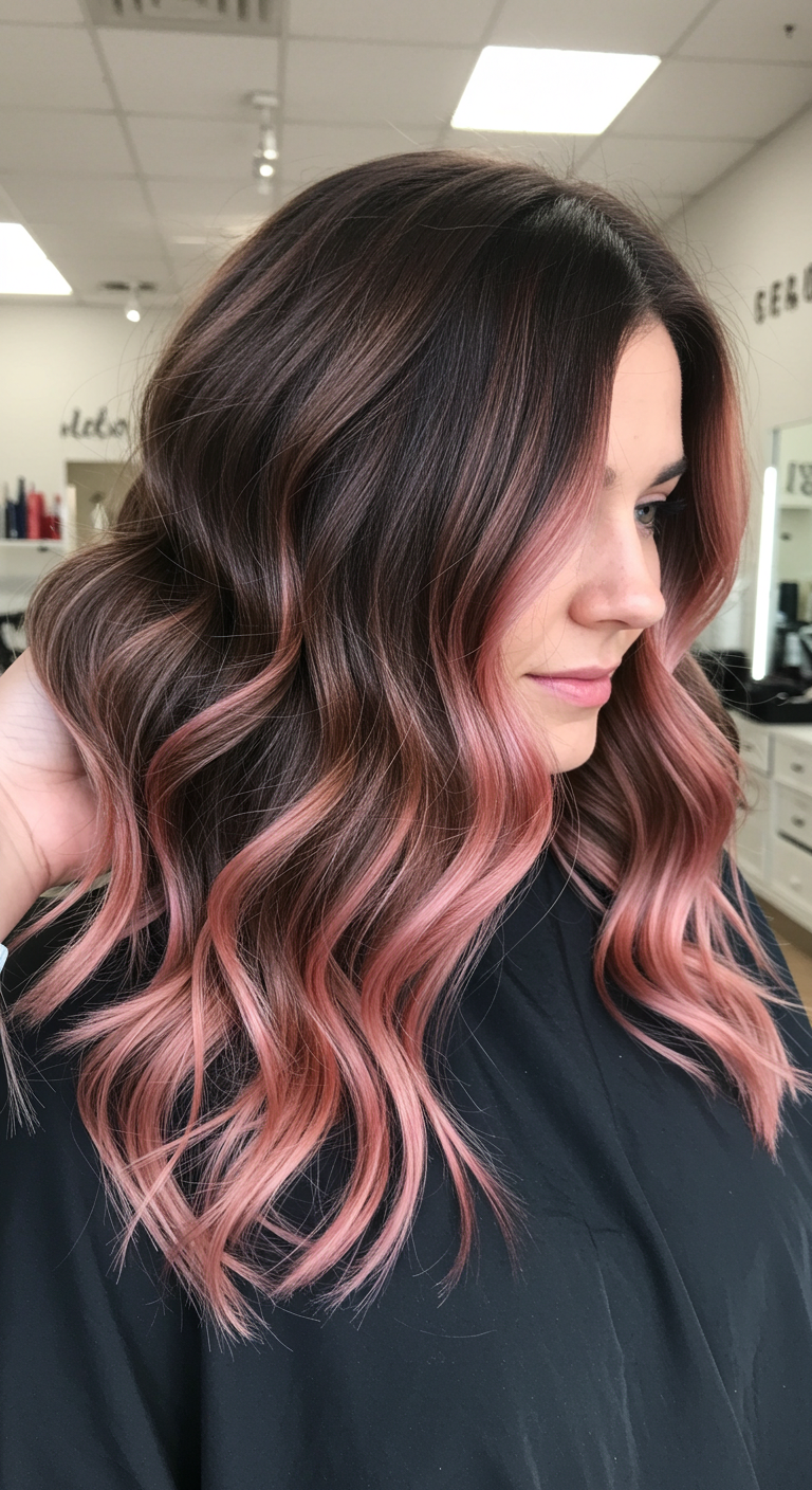 Chocolate Brown Balayage with Dusty Rose Money Piece Waves