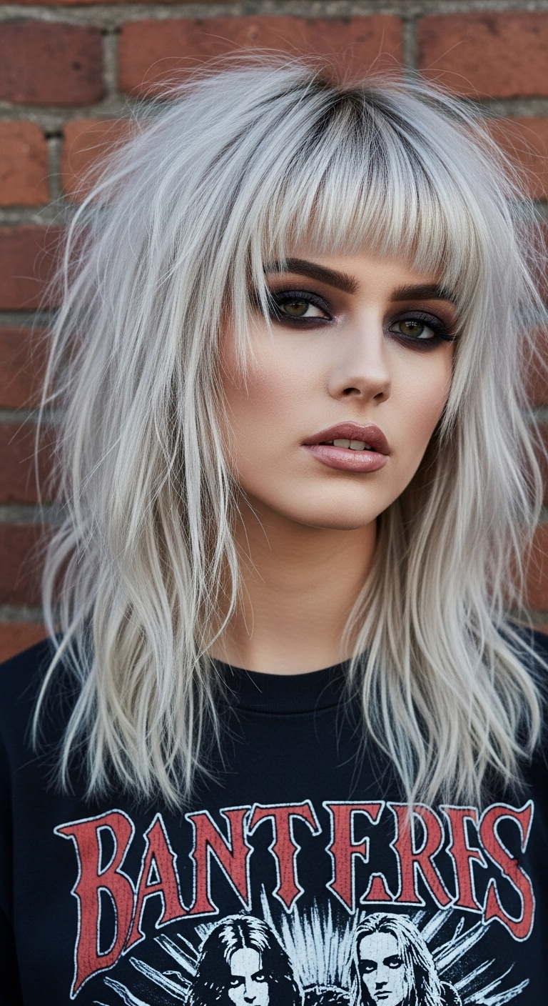 Icy Silver Shag Lob with Choppy Bangs