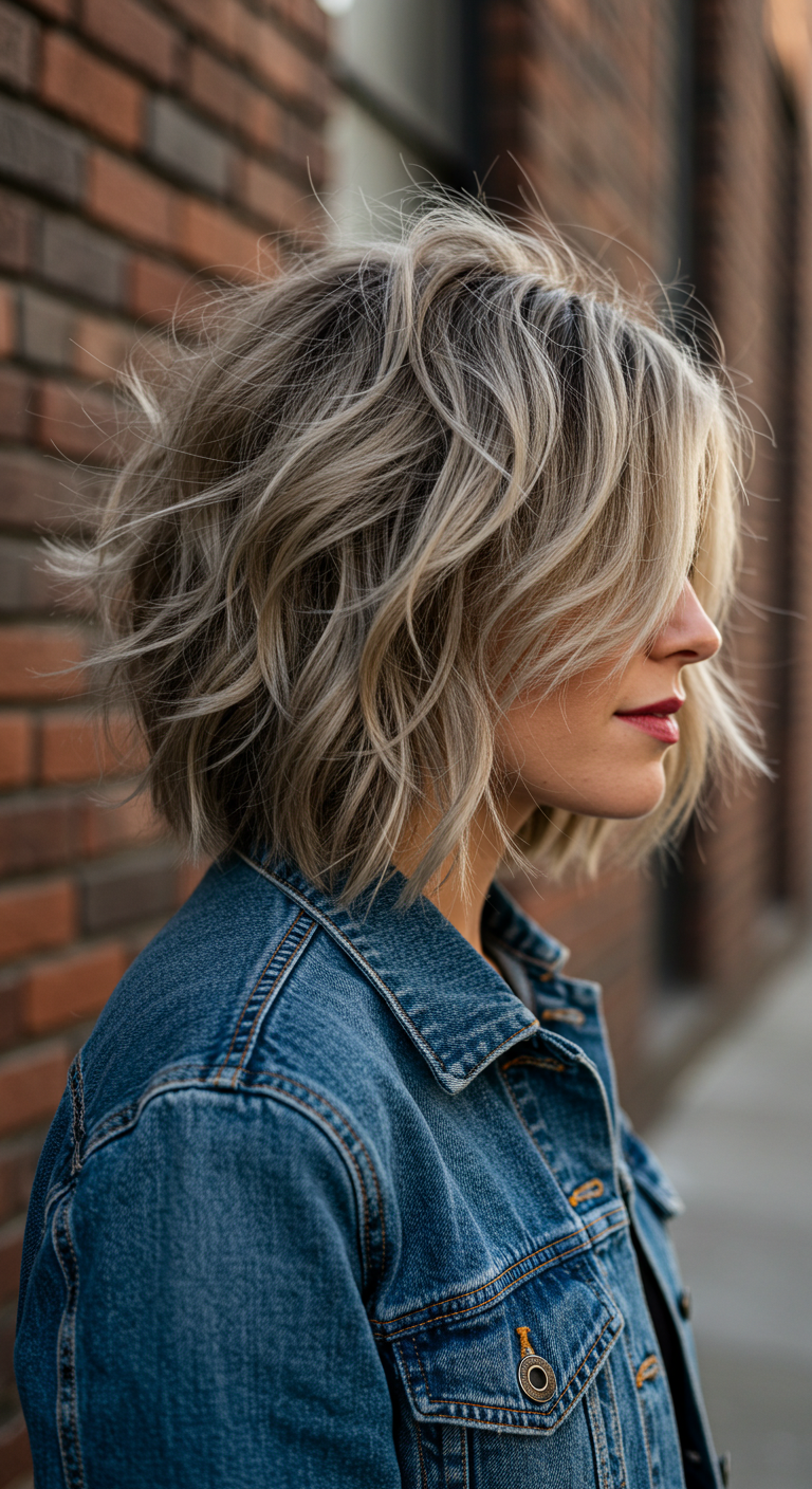 Tousled Ash Blonde Choppy Bob with Shadow Root