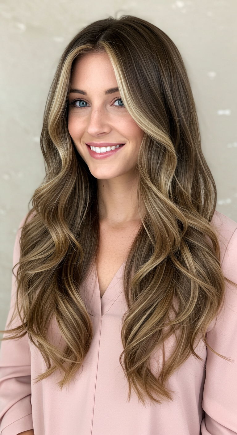 Soft Ash Brown Balayage Waves with Bright Blonde Money Piece