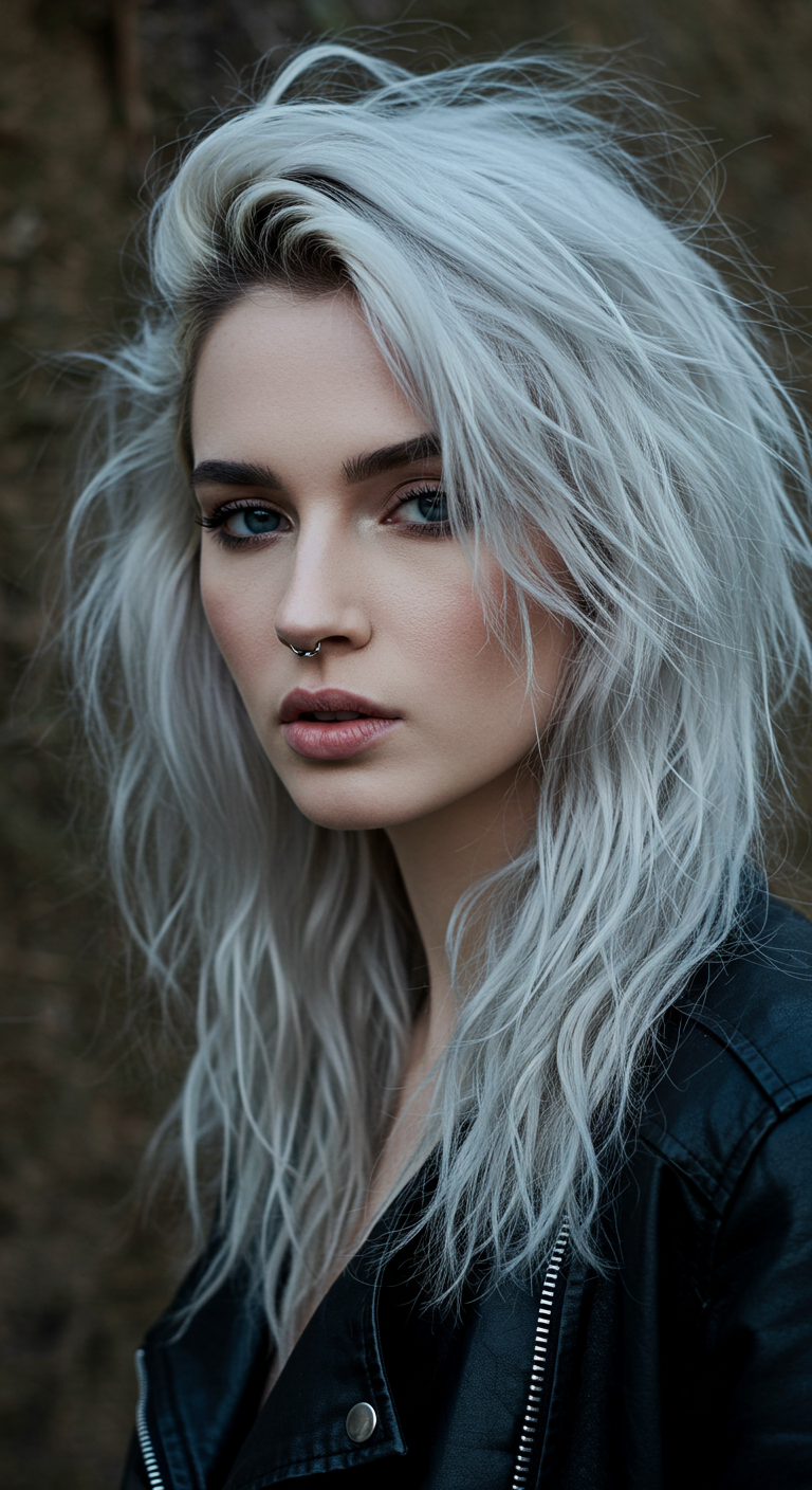 Icy Silver Shaggy Wolf Cut with Lived-In Waves